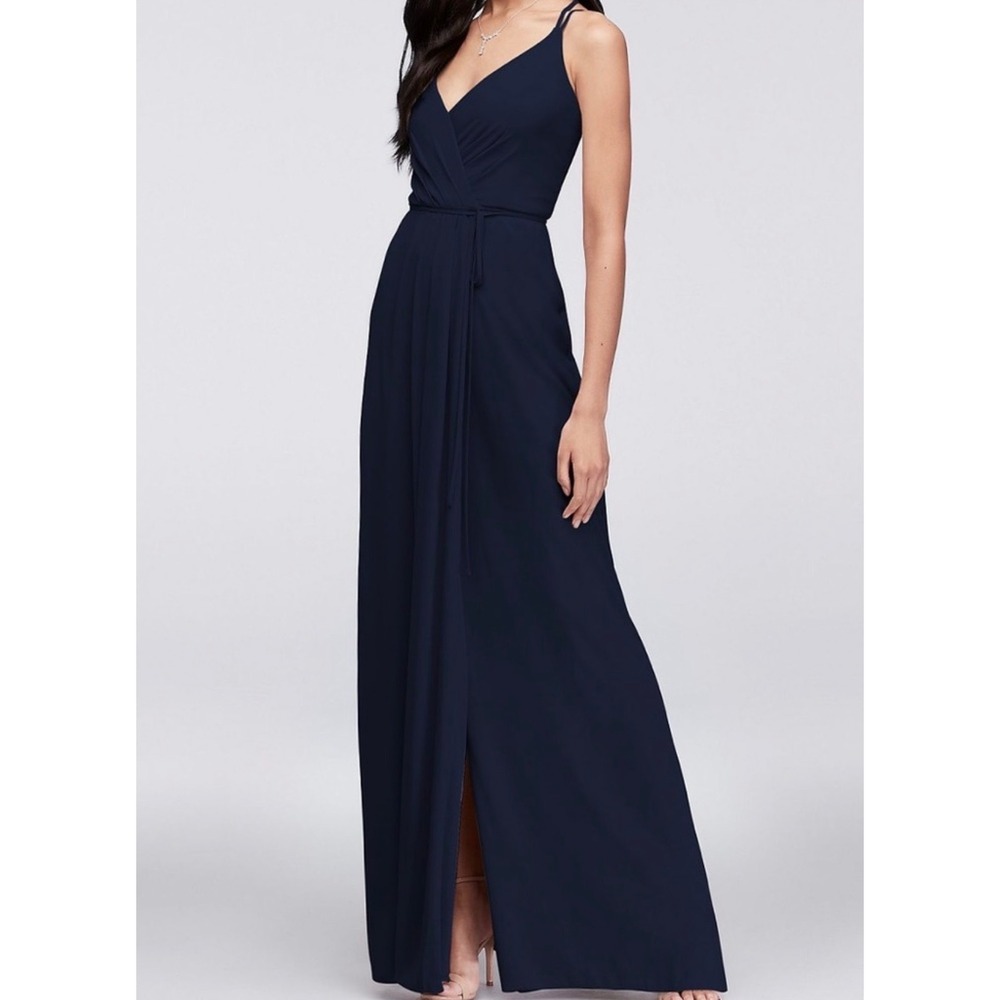 Davids Bridal Bridesmaid Georgette Wrap Maxi Dress F19155 Black Womans 6 NWT